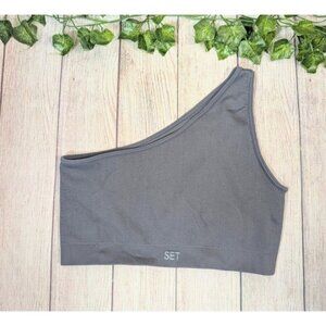 SET ACTIVE Women's Ribbed One Shoulder Sports Bra Grey Gray Size Medium